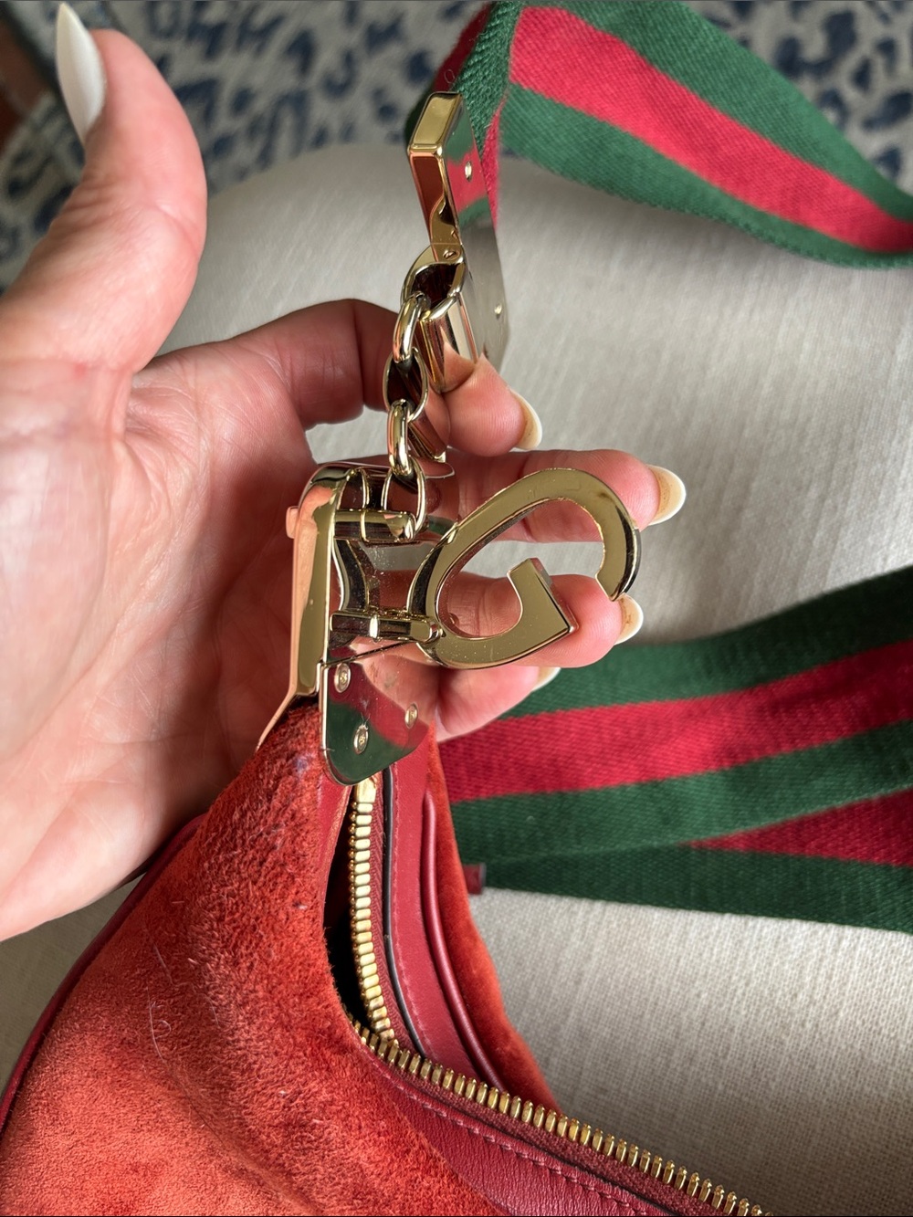 Gucci Orange Red Suede Shoulder Bag with Green-Red Web Strap - Picture 8 of 13